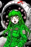 Placeholder: 90s anime sci fi green hair space Captain girl blood on face scared, rattled and shook, violent atmosphere, retro manga style, hyper detailed, Japanese horror, junji ito,