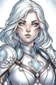 Placeholder: A light-skinned girl with platinum blond hair and blue eyes. She is part of the Aasimar breed of D&D. She is quite muscular and very beautiful. She wears light blue leather armor with silver details. In the image you must see at least half a bust. It must be comic-book style.