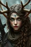 Placeholder: A female fantasy warrior with antlers, olive toned skin, long brown curly hair, green eyes. Quirky face with some type of markings. realistic