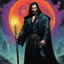 Placeholder: Art by Steve Rude: John Travolta Zombie with black dreads and black wild beard as a fantasy necromancer holding a glowing black ram staff and wearing black magic robes