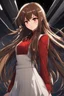 Placeholder: (masterpiece), (anime style), award winning, close up, centered, headshot, looking toward camera, long brown hair, young woman, redeyes, modern, dynamic lighting, ultra detailed, (epic composition, epic proportion), professional work, black and red clothes