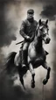 Placeholder: A man on horse in a Hyper Realistic Aerial Grungy Dark-Grey Brush strokes on a dark rustic background with charcoals