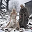 Placeholder: blonde woman, standing in torn dirty white dress made of small pieces of various fabrics, woman has exposed shoulders and breasts, standing next to a very old emaciated man, man is sitting on the ground, his clothes are torn, woman has a sad expression on her face, tears are running down her face , dirty face, bare feet, torn skirt, falling snow, man has a sad expression, long beard, sparse long hair, around is a winter landscape with dry old trees that have broken branches, high contrast, hyper