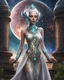 Placeholder: Realistic picture. alien gir l elf.Decorative dress for the body. . Dawad is decorated. Cosmic skin. . Hello elements. Spiritual energy..It stands on an ashes of radiant glass, buildings and moon waterfalls. And planets