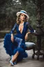 Placeholder: full body beautiful girl, elegant blue lace clothes of the 80s, luxury style, small elegant hat with feather, hair of the 80s, pearl necklace, earrings masterful, beautiful face