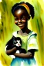 Placeholder: A cute smiling african girl is holding a kitten. Watercolour