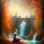 Placeholder: spray painted fantasy art, book illustration,upper body of high priestess with white furniture by a dam ,autumn water, evening