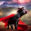 Placeholder: pig wearing a superman cape, blurred mountain in the background, zombies in the background, realistic, movie style