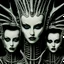 Placeholder: H.R. Giger biomechanical painting of ((Debbie Harry + Siouxsie Sioux)) slightly enlaced in frontal close-up view of the two women. Tubes coming out cheeks, mouths slightly open, Charged eyeliner make-ups, nake shoulders, dense blurry background, air-brush body painting - treatment horror Sci-Fi, Sinister eerie mood. Bichromatic photo - Kodak 35mm render. Alien biomechanical air-brush