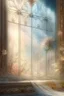 Placeholder: Shabby chic style, transparent tulle on the windows, light botanical, detail, airbrushing, drawing with fine strokes, fantasy, floral tenderness, glass, digital art, sun rays, glare, splashes, pastel tones, sparks, lights, Pixel expansion, many details, delicate sensuality, made of stone and glass, intracate details, lineout, mysticism, realistic, high quality, work of art, professional, filigree, pearl light mist