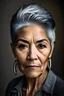 Placeholder: you are an expert photographer with 30 years of experience. You have been asked to photograph a 50 year old Latina woman. She has grey hair that is closely cut to her skull - a little longer than a buzz cut. She is female but identifies with masculine pronouns.