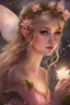 Placeholder: Pointed elven ears,Blonde hair ,Pink dress,Sparkling fairy wings,Very long golden hair,Fairy crown,pointed ears,elven ears,fairy wings,water lilies,sparkling,glittering,flowers,blossoms,golden crown,light pink dress