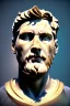 Placeholder: Ultra Realistic image, Roman sculpture, white marble material, Lionel Messi, gold Laurel leaves wreath, renaissance ornaments, one gold star in heart, sun ornament, blue marble background, chisel style, waist up portrait, emperor style, epic, celestial, cinematic lighting, God light, god rays, 4k resolution, smooth details, ornate details, soft lighting, unreal engine 5, art station, substance 3d.