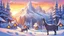 Placeholder: Forest donkey in snow village and magic forest connect with mountain and beautiful sunset , cartoon, style