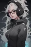 Placeholder: A 27-year-old young gentle woman, with curly black hair, a thick chin, and wearing glasses, black clothes, hoodi, cry,cyberpunk, smart face, Confident smile, with fire powers