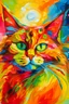 Placeholder: abstract portrait painting with blurred and incomprehensible details, large strokes of bright colors, an orange sun with the a cat eyes , and hair sticking out in different directions, in the bright rays of the sun