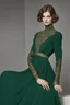 Placeholder: A long, flowing dress in a deep emerald green. The dress would have a high neckline, fitted bodice, and A-line skirt. The sleeves would be sheer and billowy, with delicate embroidery at the cuffs. The dress would be belted at the waist with a gold metallic belt.