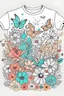 Placeholder: draw line art featuring various spring elements like flowers, leaves, and butterflies, forming a captivating for a stylish long t-shirt.