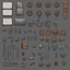 Placeholder: Sprite sheet, Wood, Nails, Metal scrap, cloth, electronics, gears, icons, survival game, gray background, comic book,