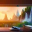 Placeholder: desk, parquet, sheet of paper, little pen, in front of a huge picture window with large view on a waterfall with warm light, sunset ,pixar style, panorama, nature, globe, HD, Hallelujah mountains