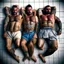 Placeholder: close up 35mm lens, top view of three gipsy prisoners 45 years old sleeping laying down inside a dirty jail, ugly, bullneck, strong beefy, in tank top, manly chest, tattoo, misery and poverty, photorealistic, ultradetailed, 32keyes