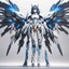 Placeholder: High quality 4K illustration of 25 year old anime style woman, full body with white armor, ultra detailed, modern, matte color details. The intricate design of the mecha features multi-layered scale armor and complex elements. The armor is light and tight, detailed on his legs. With enormous black and white wings extending from her back, her long blue hair is styled with diagonal bangs in a French braid. Red scarf around the neck. Bright white background, high brightness and contrast, cinematic