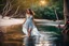 Placeholder: beautiful girl in pretty dress walking in water toward camera in trees next to wavy river with clear water and nice sands in floor.camera capture from her full body front