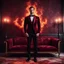 Placeholder: Hyper Realistic Handsome-Muscular-Man-with-little-smile Wearing Maroon-&-Black-Velvet-Tuxedo in flame-patterned-vintage-wall with glowing-embers on the floor in a dark-room with fancy-couch-&-fancy-lamps-on-wall