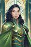 Placeholder: Young Asian Woman with long dark blue hair, vivid green eyes, wearing gilded white Greek armor, light green cape, futuristic Coliseum background, RWBY animation style