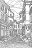 Placeholder: outline art for Old European street for adults with Old European street , white background, Sketch styl, only use outline. clean line art, no shadows and clear and well outlined, Intricate Patterns and Details