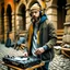 Placeholder: short beard man with cap, DJ play records ,at medieval city street background, full body