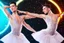 Placeholder: very beautiful a ballet male and female dancers couple in very pretty clothing dancing ,hyper realistic ,disco lights,very luxury dance stage ,with nice light sources and devices in stage, close up,full body show