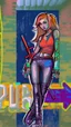 Placeholder: teen woman in retro-futurist cyberpunk costuming with pants and sheathed swords leaning to the side with shoulder against a brick pillar, add a background of brick with graffiti of a large arrow pointing to the right and text of the word "PUB" on lower left