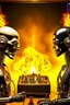 Placeholder: Two radio hosts are face to face in a burning radio studio. The host on the left is a bald human metal fan. The host on the right is a ridiculous robot.