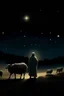 Placeholder: There are sheep and shepherds in the field. it is dusk and there are stars in the sky and one big star. a large shining angel looks at the shepherds and many smaller angels are behind.