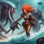 Placeholder: Barbarian warrior woman with a heavy gun gripped tightly in her hands fighting giant monster squid., the spaceship emits eerie, otherworldly sounds that reverberate through the barren landscape. Her regal attire billows behind her as she sprints across the vast, sandy ocean. Its drooly, drooling head looms dangerously close, dripping with acidic saliva.
