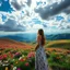 Placeholder: beautiful Green hills covered with flowers colorfull ,blue sky heavy clouds with godray ,very nice flowers at closeup ,wonderfull mountains at distance,beautiful lady standing at hills full body shot look at camera