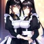 Placeholder: Clear focus, 8k, beautiful lighting, vibrant colors, girl, black hair, long hair, vibrant golden eyes, ponytail, same twins, black hair, golden eyes, same clothes, maid,