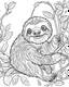 Placeholder: create a 2d black outline, "safari smiling cartoon sloth on a branch coloring book for kids", coloring page, low details design, black contour, coloring page design, simple background, colorful , card style, coloring page for kids, white background, sketch style, safari landscape, cartoon style