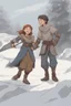 Placeholder: DnD style, two medieval peasant kids playing in the snow male and female, age 14 and 15, happy and playful, he has a short sword.