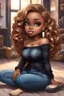 Placeholder: Create a furturism magna art of a black chibi curvy female sitting on the floor looking at her cell phone. She is wearing tight blue jeans and a black off the shoulder blouse. Prominent make up with lush lashes. Highly detailed wavy ombre blonde and brown long hair. She is also wearing silver large hoop earringsart of a black chibi curvy female sitting on the floor looking at her cell phone. She is wearing tight blue jeans and a black off the shoulder blouse. Prominent make up with lush lashes.