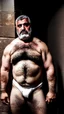 Placeholder: full figure shot photography of a burly stocky turkish prisoners , 55 years old shirtless in white dirty pants, long beard, long hair , in a dark prison, dirty, ugly, bullneck, muscular, manly chest, shirtless, bulge, misery and poverty, emotive eyes, photorealistic, ultradetailed, 32k, side view from below