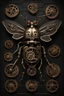 Placeholder: steampunk metal insect with wings, surrounded by cogs and springs, black background