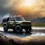 Placeholder: stylized hyperrealistic shot, muddy military pickup truckn with guns mountedon the back, monotone color palette, sharp focus, puddle reflection, tire water splash, refraction, mist on the horizon, shadowcast, god rays, detailed and intricate, cinematic composition, micro, tilt shift photography