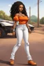 Placeholder: Create a digital airbrush cartoon of a curvy African American female wearing tight white jeans and a off the shoulder orange blouse. She is also wearing timberland boots. Prominent make up with hazel eyes. Highly detailed very long extremely dread locs black hair. Her skin is smooth and silky. Background of a track of ATV riders.