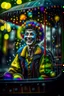 Placeholder: hyper real oil painting portrait of juggling laughing dreaming harlequin in cable trolley in slimy bubbles and gelatinous background, zeiss prime lens, bokeh like f/0.8, tilt-shift lens 8k, high detail, smooth render, down-light, unreal engine, prize winning