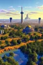 Placeholder: The remains of the city of Madison, Wi, as it would be depicted in the Fallout series of video games. Photorealistic, color