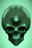 Placeholder: green alien, head, evil, black eyes, weapons, blood, 8k, finely detailed, photo realistic, HR Giger style turquoise skull head red Mohak alien moon skeleton sombrero