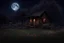 Placeholder: Dry trees, night, full moon, cabin, yard with flowers, fence, photo hd