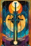 Placeholder: Create a chaotic abstract cubist Tarot Card depicting The 3 of Swords , in the style of Bill Sienkiewicz, Philippe Druillet, Gustav Klimt, Alphonse Mucha, and Jean Giraud Moebius, precisely drawn, colored and inked, in muted colors, with ornate bordered edges